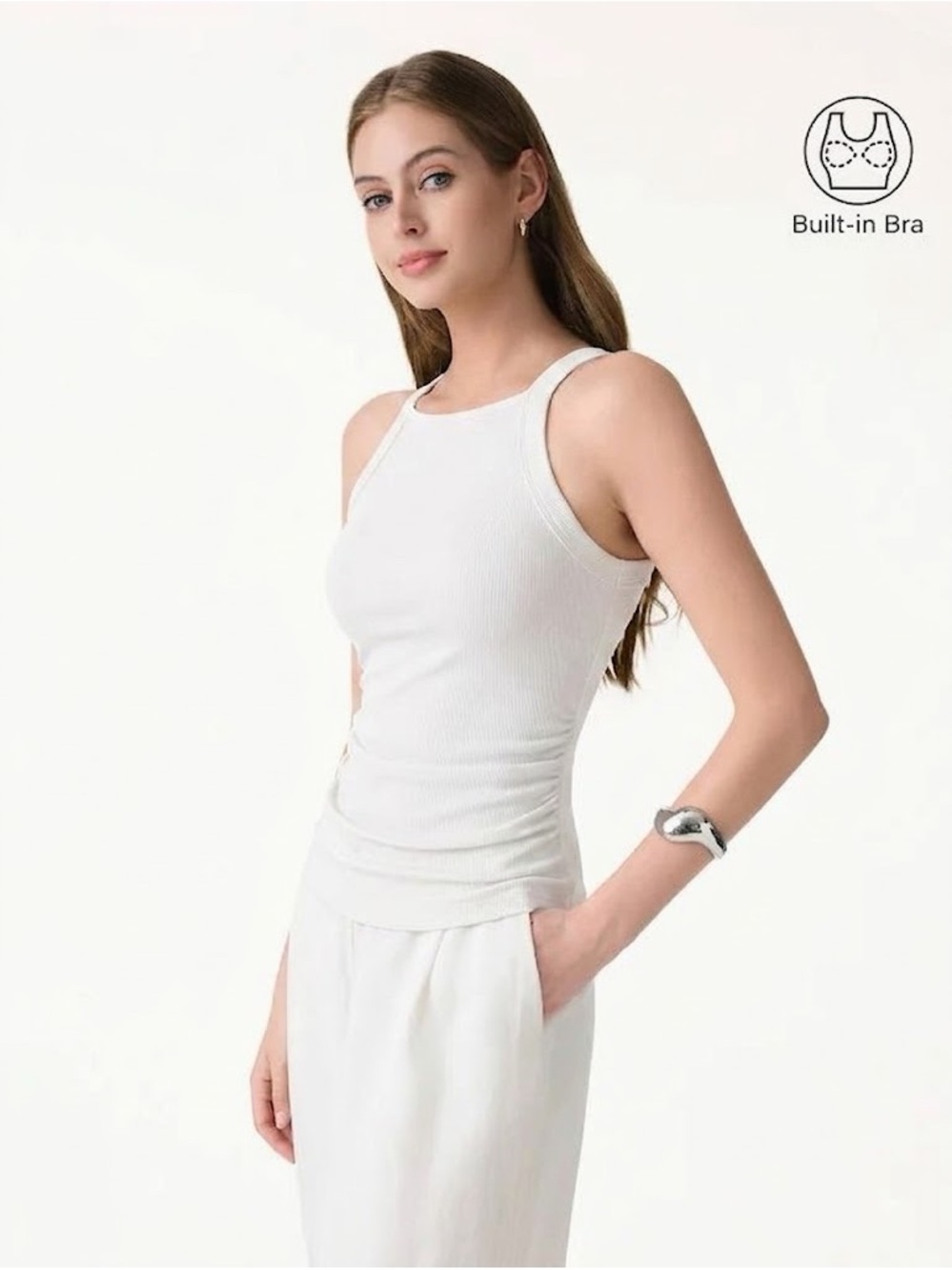 OGL White Plantive Chic Square Neck Ruched Rib Bra Tank  Size Large